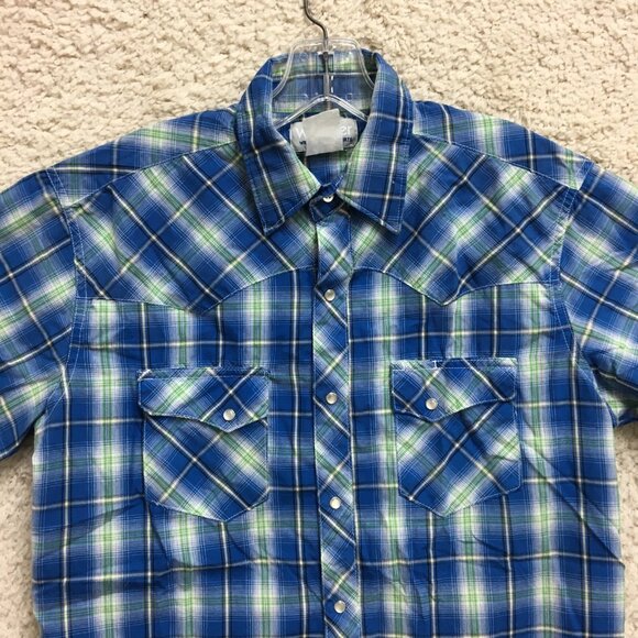 Wrangler Button Up Shirt Medium Men Blue Plaid Pearl Snap Pockets Western Cowboy - Picture 3 of 8